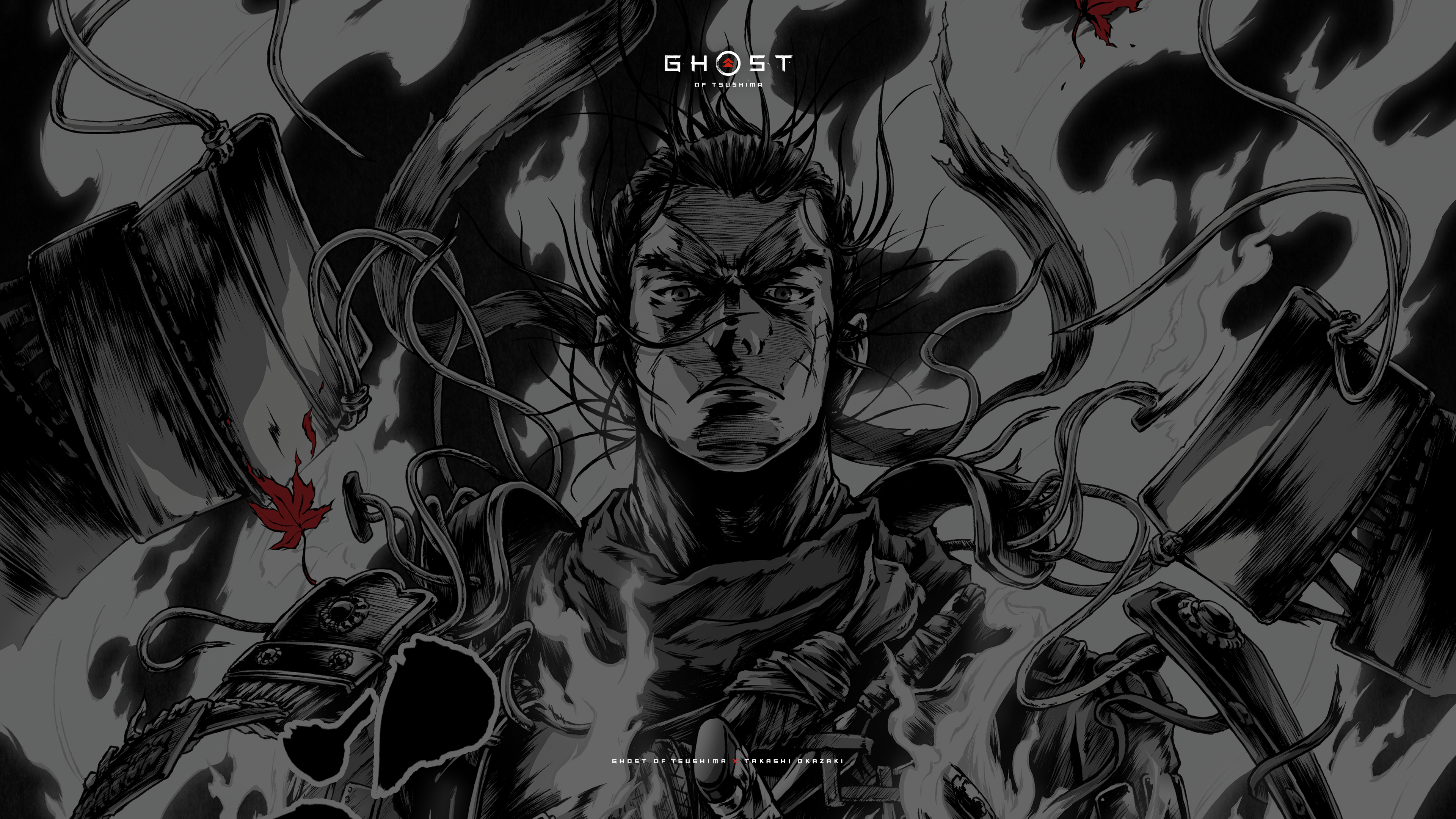 Jin Sakai, Ghost of Tsushima, Manga-Stil, Schwarz-Weiß, Zeichnung, 3840x2160, Desktop-Hintergrund