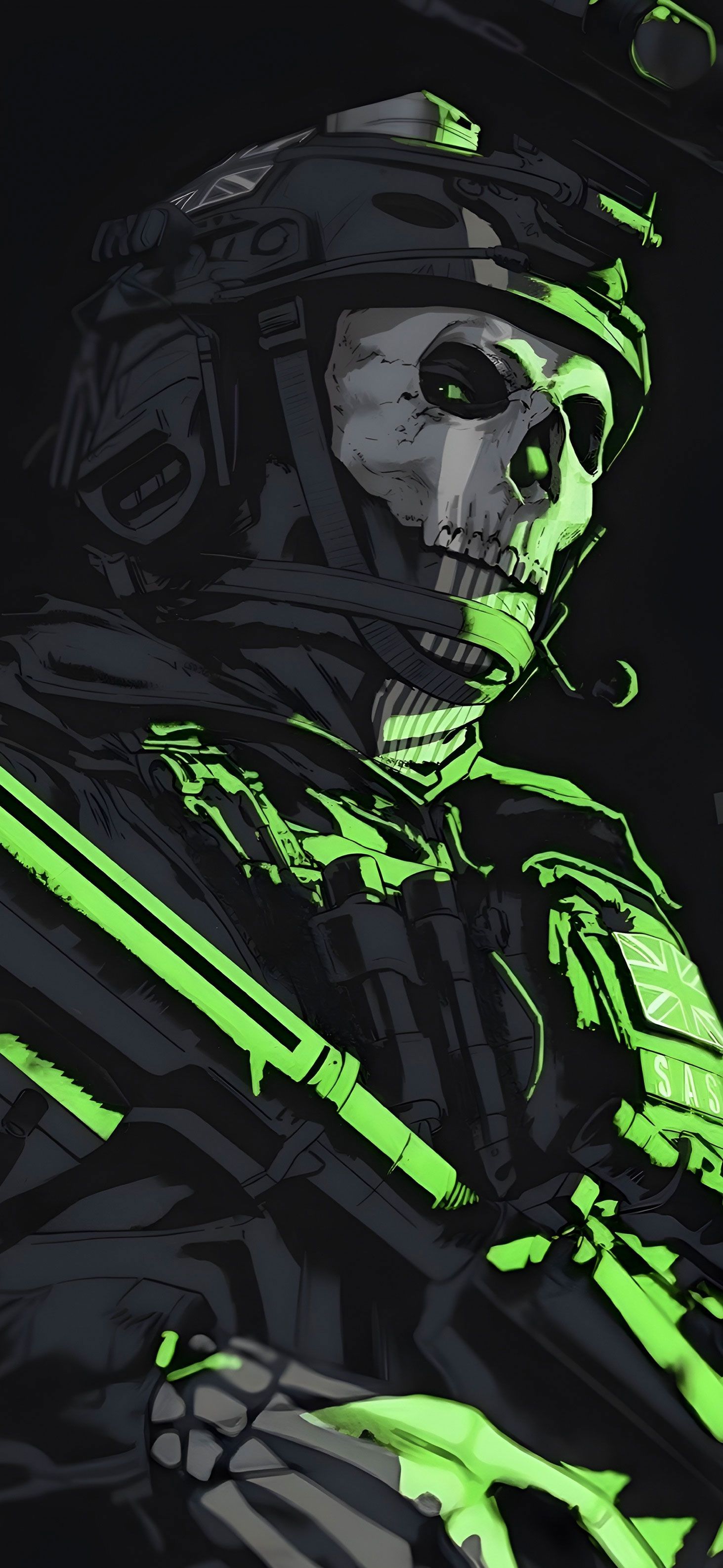 Ghost (Call of Duty), Totenkopfmaske, Neongrün, Illustration, Hochformat, Sperrbildschirm fürs iPhone