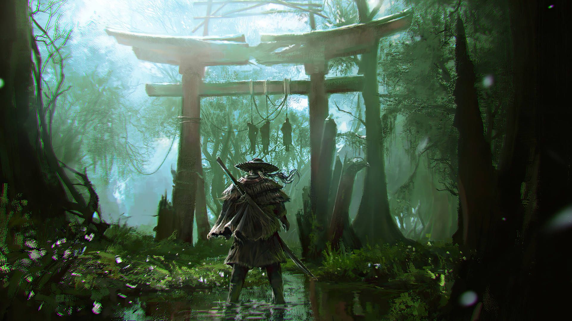 Ghost of Tsushima, Torii, Wald, Samurai, Strohhut, Lichtstrahlen, Full HD, Laptop-Hintergrundbild