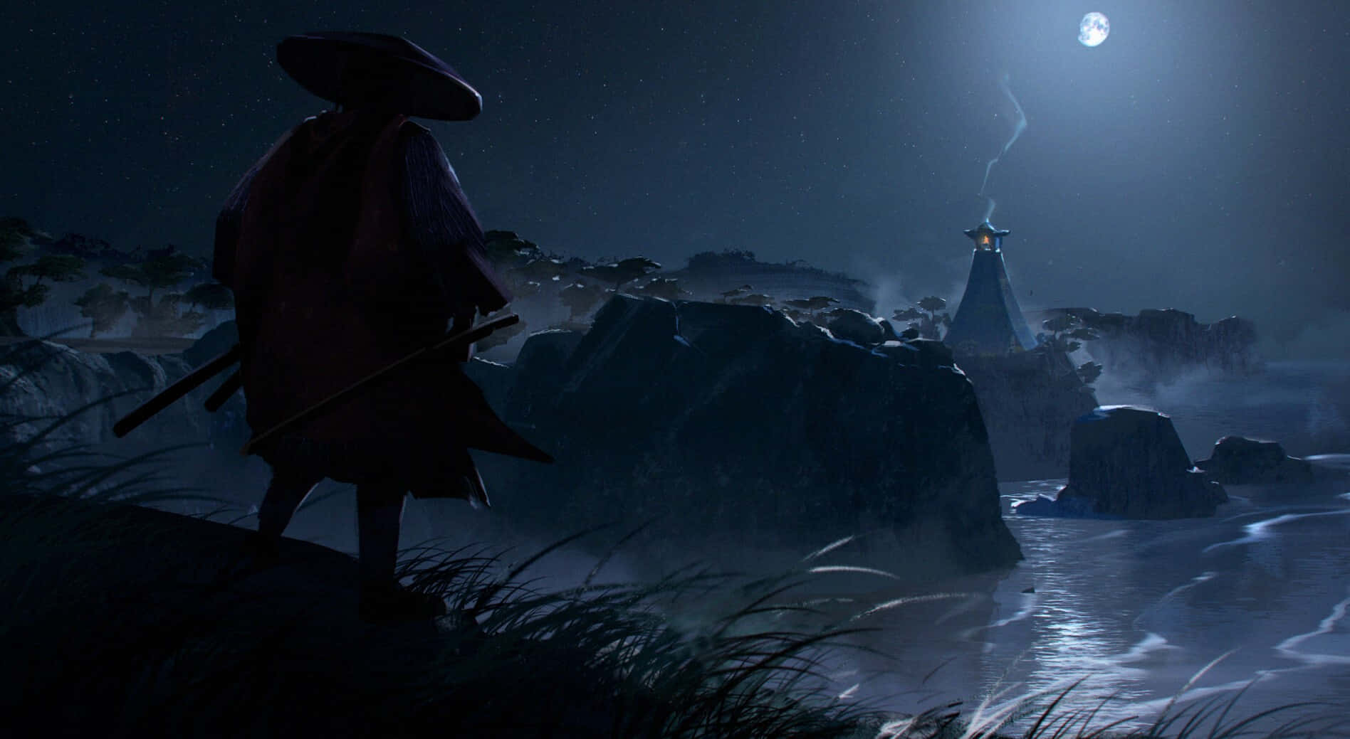Ghost of Tsushima, Samurai, Strohhut, Vollmond, Nacht, Fluss, HD-Hintergrundbild für PC