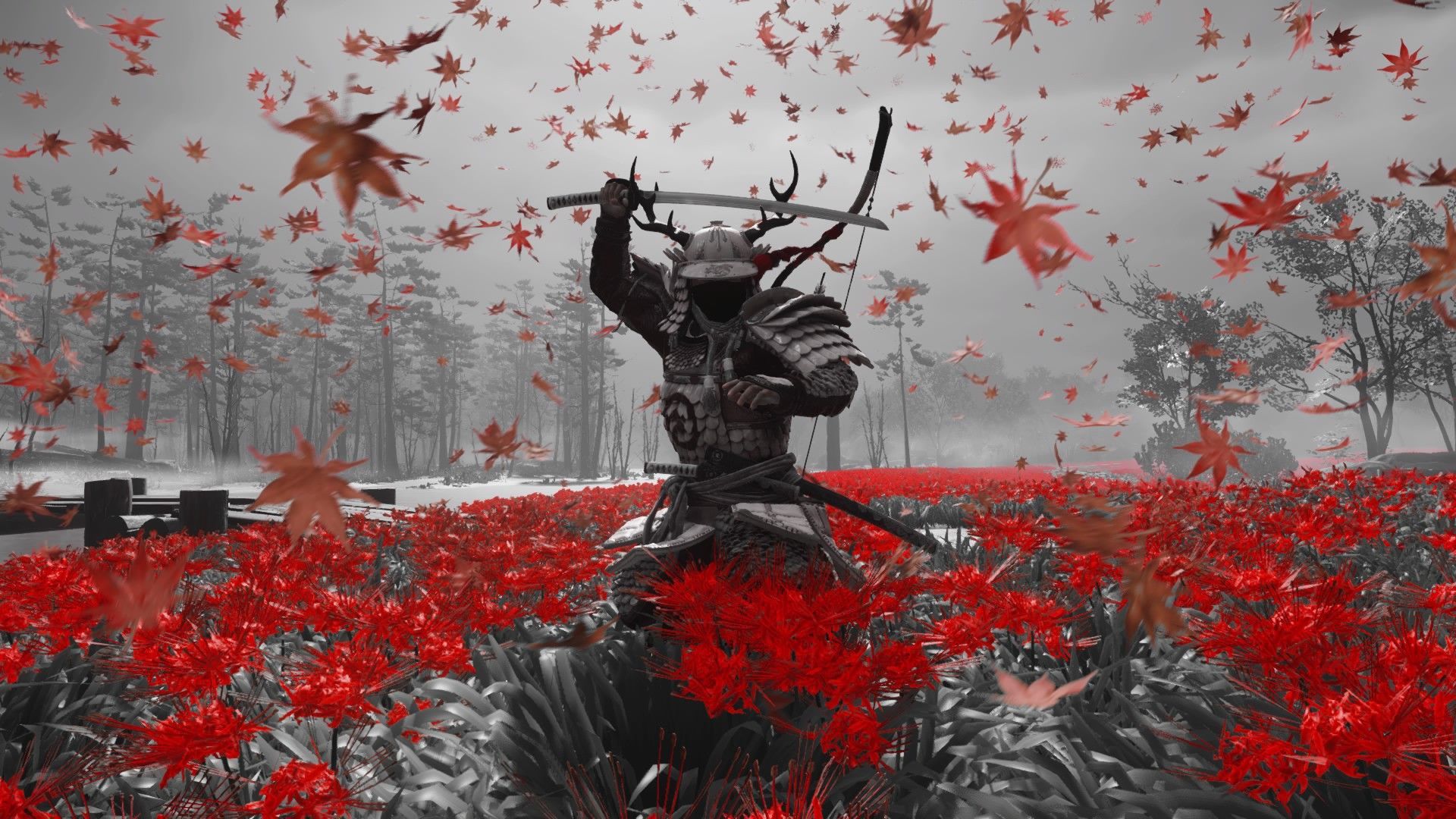 Jin Sakai, Ghost of Tsushima, Sakai-Rüstung, Rote Blumen, Rote Blätter, Schwarz-Weiß, 1080p-Hintergrundbild