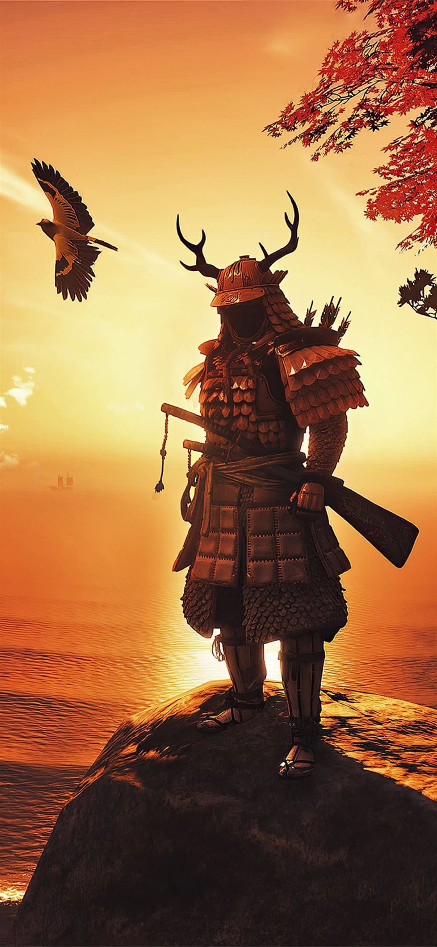 Jin Sakai, Ghost of Tsushima, Samurai-Rüstung, Hirschgeweih, Sonnenuntergang, Felsen, Handy-Hintergrund