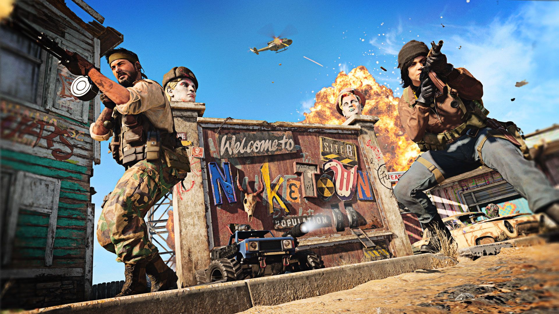 Nuketown, Call of Duty, Soldaten, Explosion, Hubschrauber, Blauer Himmel, Full HD, Desktop-Hintergrund