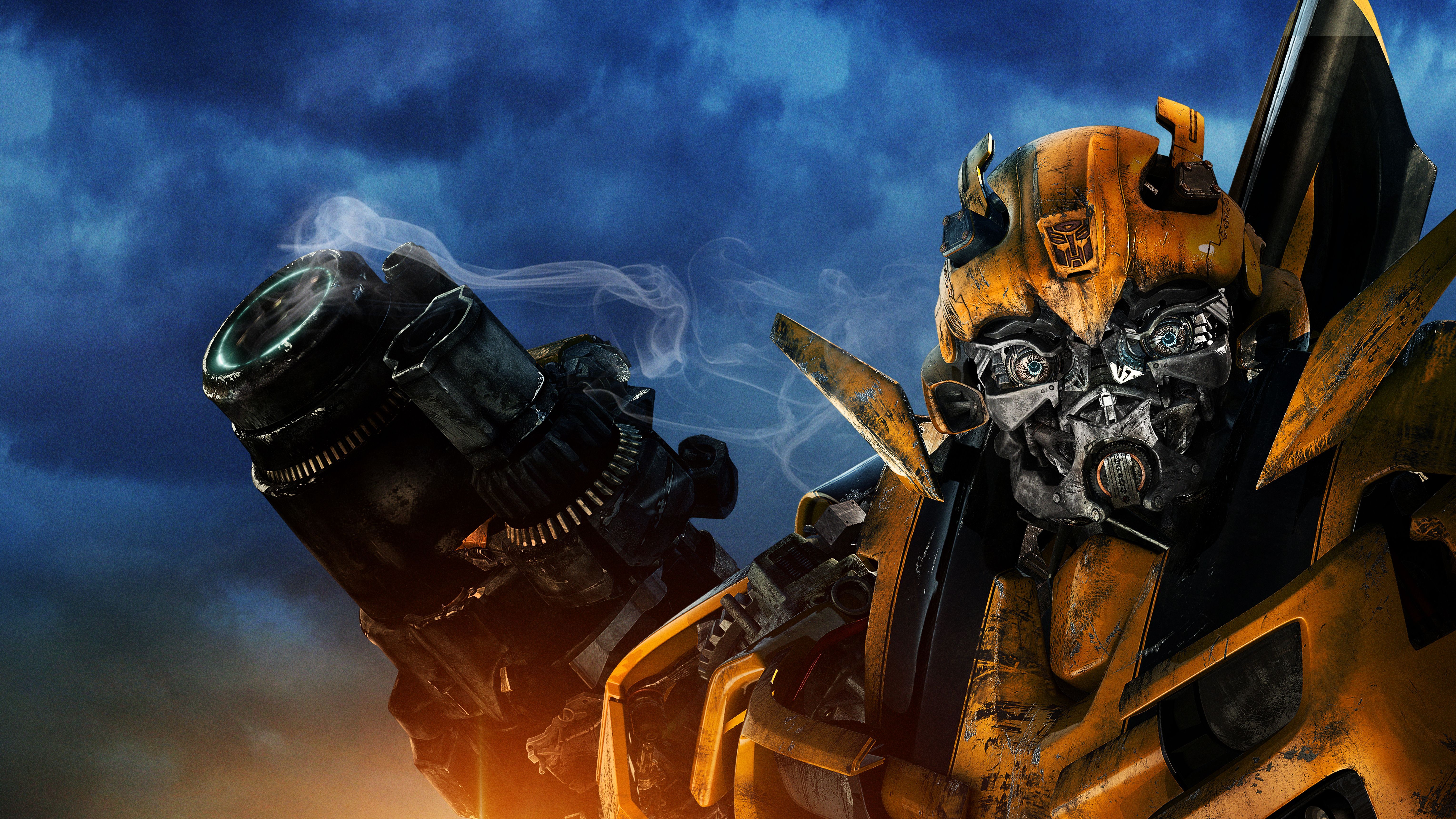 Bumblebee, Transformers – Die Rache, Roboter, Rauch, Nahaufnahme, 6K, Breitbild-Hintergrundbild