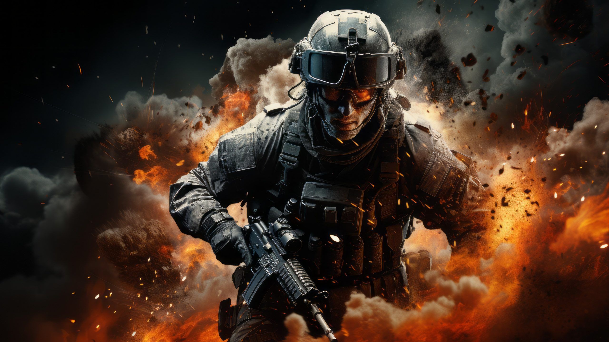 Soldat, Explosion, Feuer, Funken, Gewehr, Ego-Shooter, 2K, Hintergrundbild für den PC