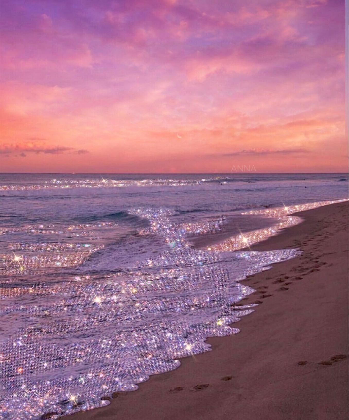 Strand, Wellen, Lila Himmel, Sonnenuntergang, Glitzer, Full HD, Hintergrundbild fürs Tablet