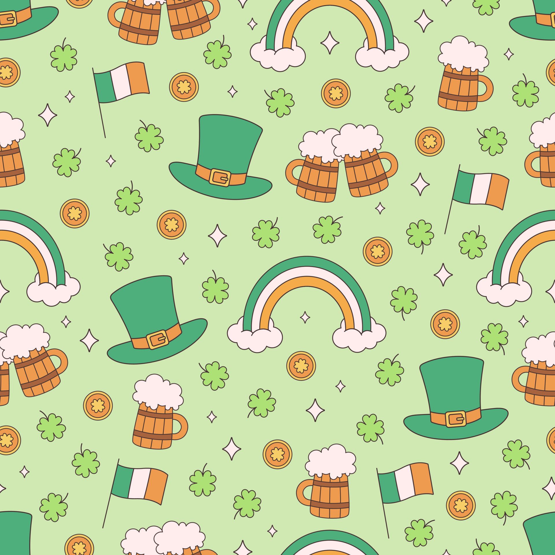 Kleeblätter, Regenbogen, Bierkrüge, Irland-Flagge, Kobold-Hut, Muster, Full HD, iPad-Hintergrundbild