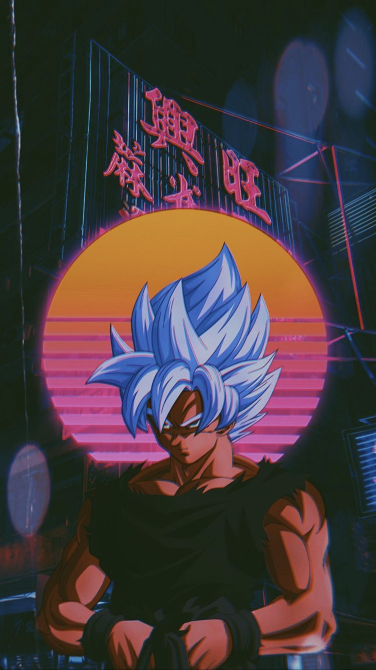 Son Goku, Ultra Instinct, Dragon Ball Super, Retrowave, Sonnenuntergang, 750x1334, Handy-Hintergrund