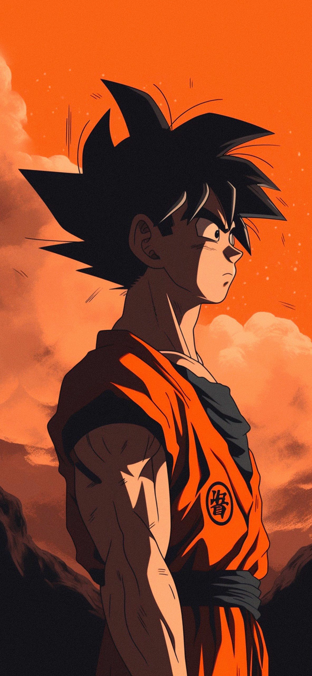 Son Goku, Dragon Ball Z, Orange Hintergrund, Wolken, Profil, Sperrbildschirm fürs iPhone