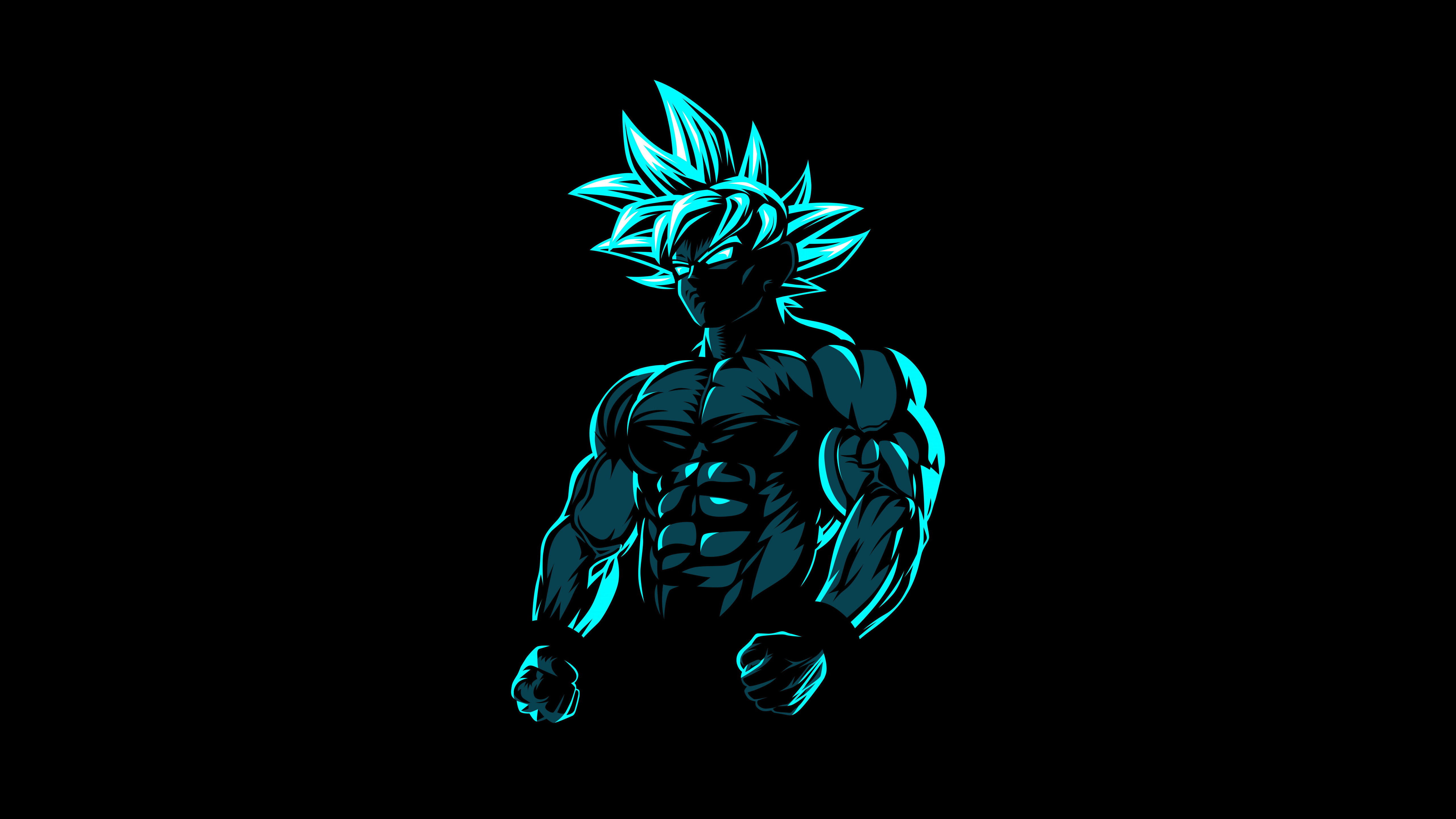 Son Goku, Ultra Instinct, Neonumriss, Schwarz Hintergrund, Türkis, 5K Wallpaper
