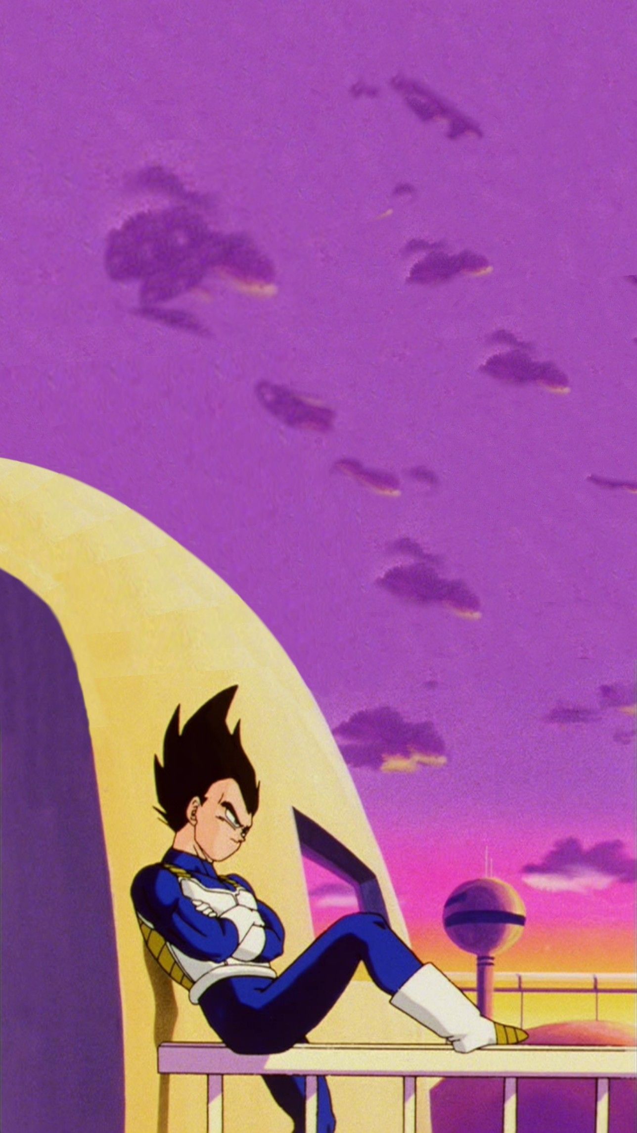 Vegeta, Dragon Ball, Lila Himmel, Balkon, Lo-Fi, Hochformat, Hintergrundbild fürs Smartphone