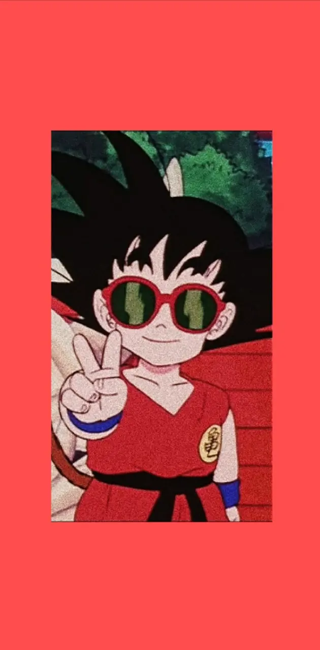 Kid Goku, Son Goku, Sonnenbrille, Peace-Zeichen, Rot Hintergrund, Sperrbildschirm fürs iPhone