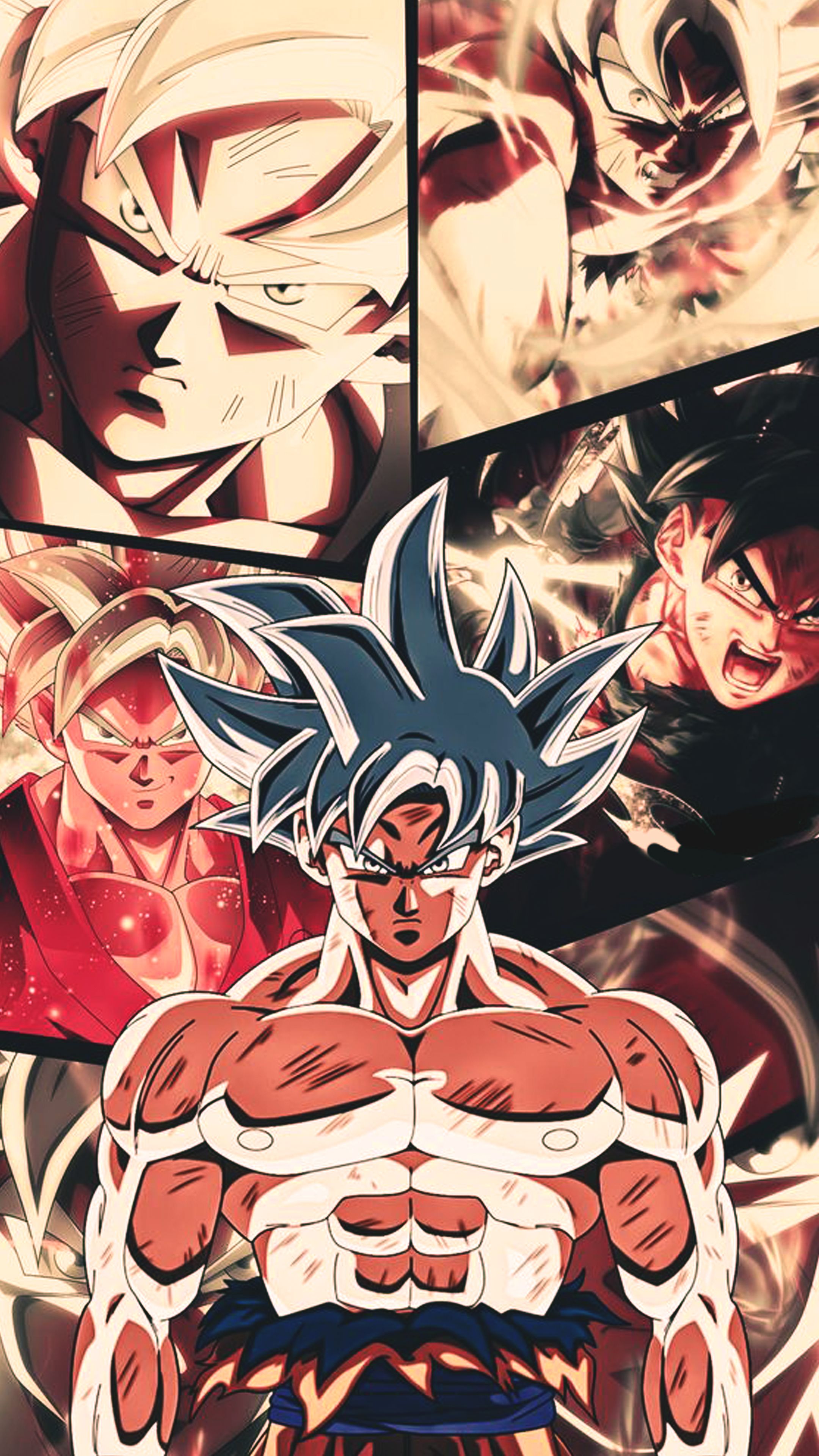 Son Goku, Ultra Instinct, Dragon Ball Super, Manga-Collage, Muskeln, QHD+, iPhone-Hintergrundbild