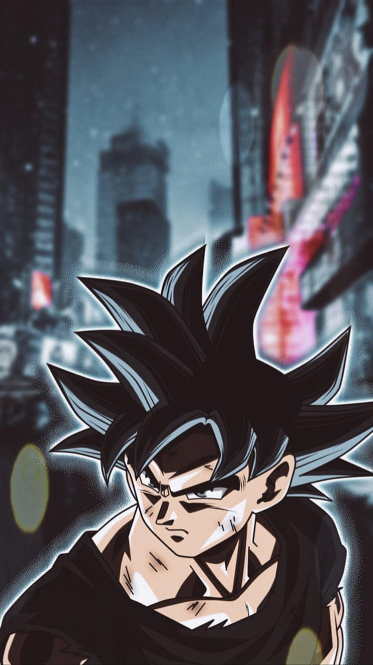 Son Goku, Ultra Instinct, Stadt, Wolkenkratzer, Dunkel, Hochformat, Hintergrundbild fürs Smartphone