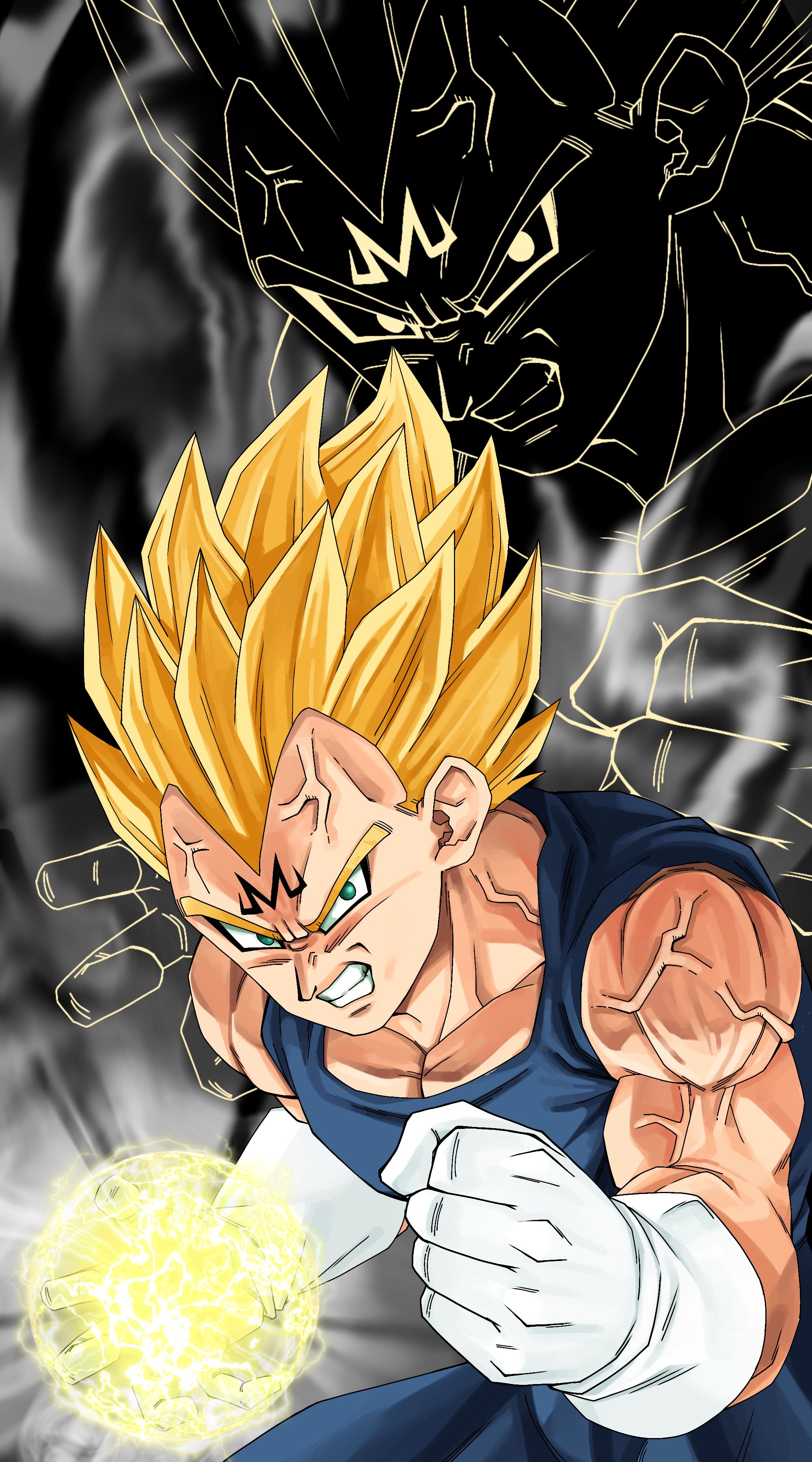 Majin Vegeta, Vegeta, Dragon Ball Z, Super-Saiyajin, Energieball, Manga-Stil, Smartphone-Hintergrund