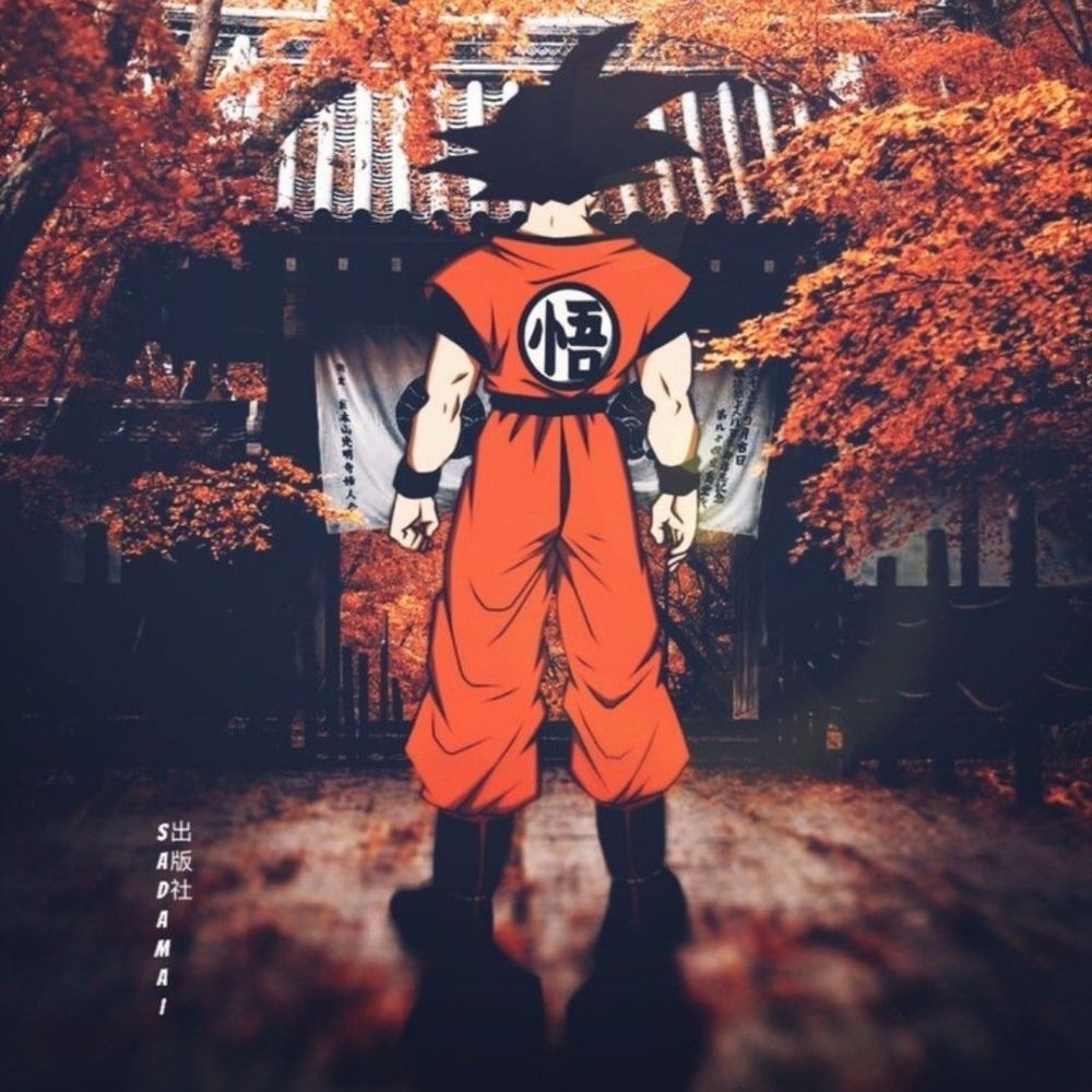 Son Goku, Rückansicht, Herbstlaub, Tempel, Dragon Ball, Hintergrundbild für iPad und Tablet