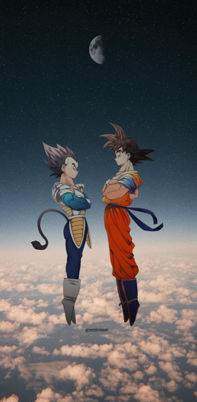 Son Goku, Vegeta, Dragon Ball, Wolken, Mond, Rückansicht, Hintergrundbild fürs Handy