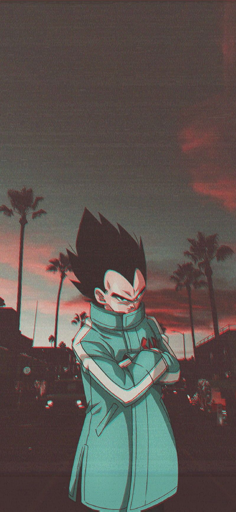 Vegeta, Dragon Ball, Palmen, Abendrot, Lo-Fi, HD, Handy-Hintergrund im Hochformat