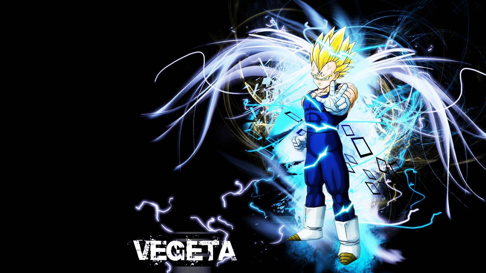 Vegeta, Super-Saiyajin, Blitze, Schriftzug, Schwarzer Hintergrund, Full HD Wallpaper