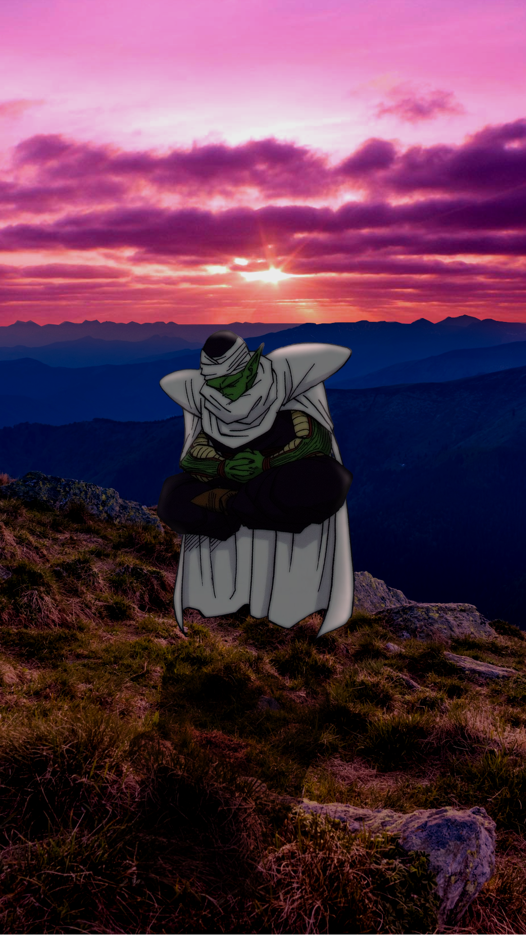 Piccolo, Dragon Ball, Klippe, Sonnenuntergang, Rosa Himmel, 1080x1920, Handy-Hintergrund