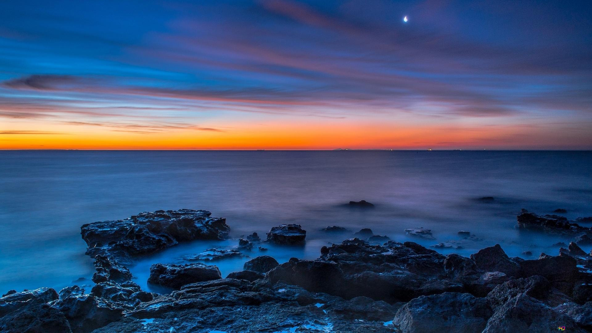 Felsenküste, Meer, Dämmerung, Langzeitbelichtung, Blaue Stunde, Full HD, Desktop-Hintergrund