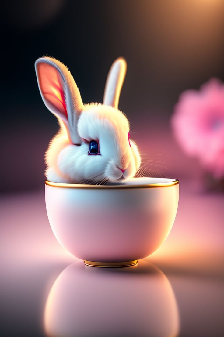 Kaninchen in Tasse, Digitale Kunst, Blau, Bokeh, Fantasie, Android-Hintergrundbild