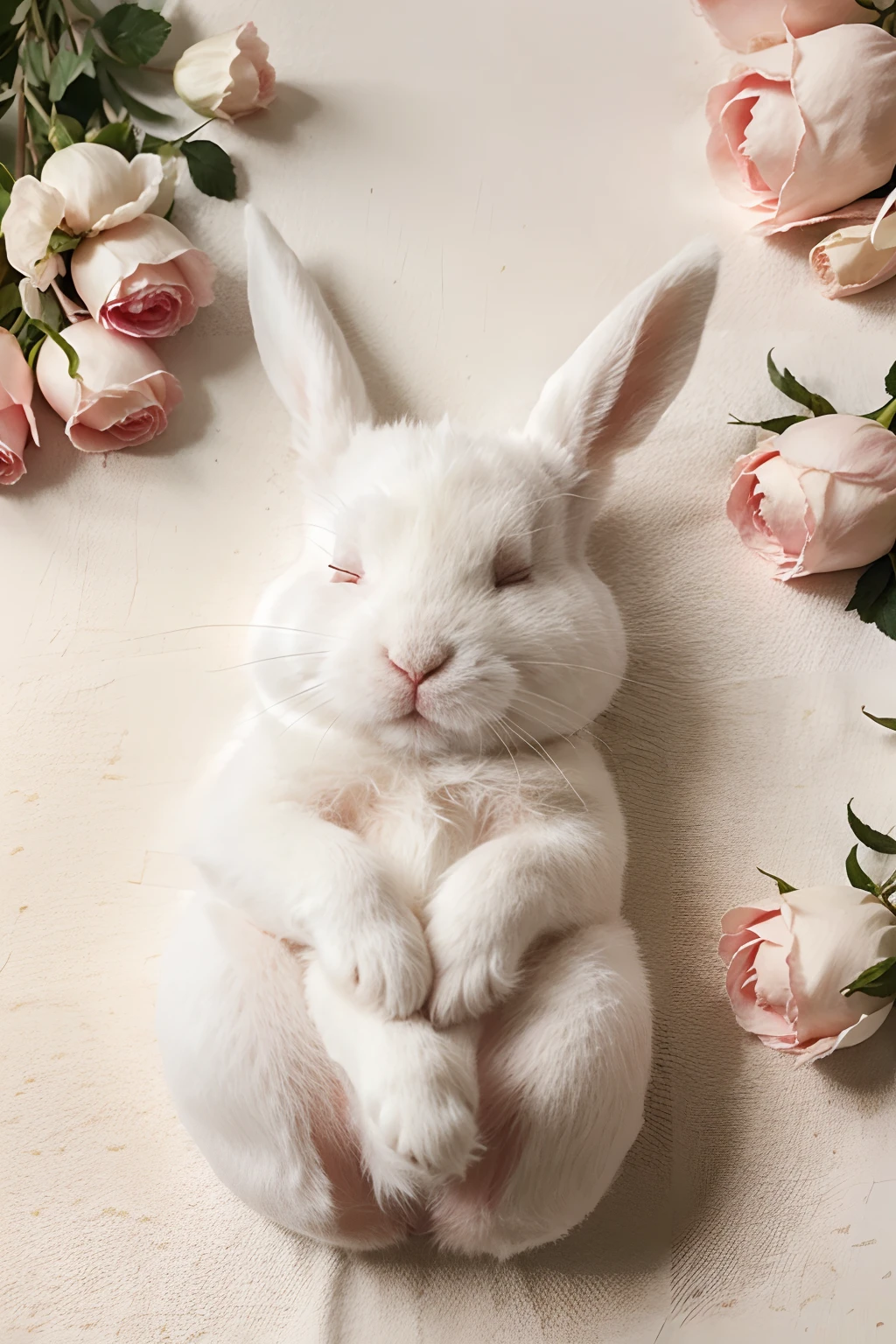 Weißes Kaninchen, Rosen, Draufsicht, Liegend, Pastell, Hochformat, Hintergrundbild fürs Smartphone