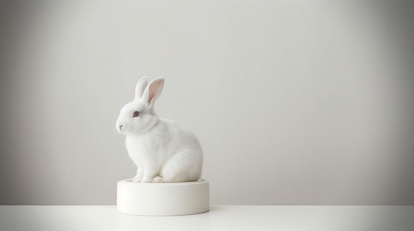 Weißes Kaninchen, Sockel, Grauer Hintergrund, Minimalistisch, Studio, HD Wallpaper