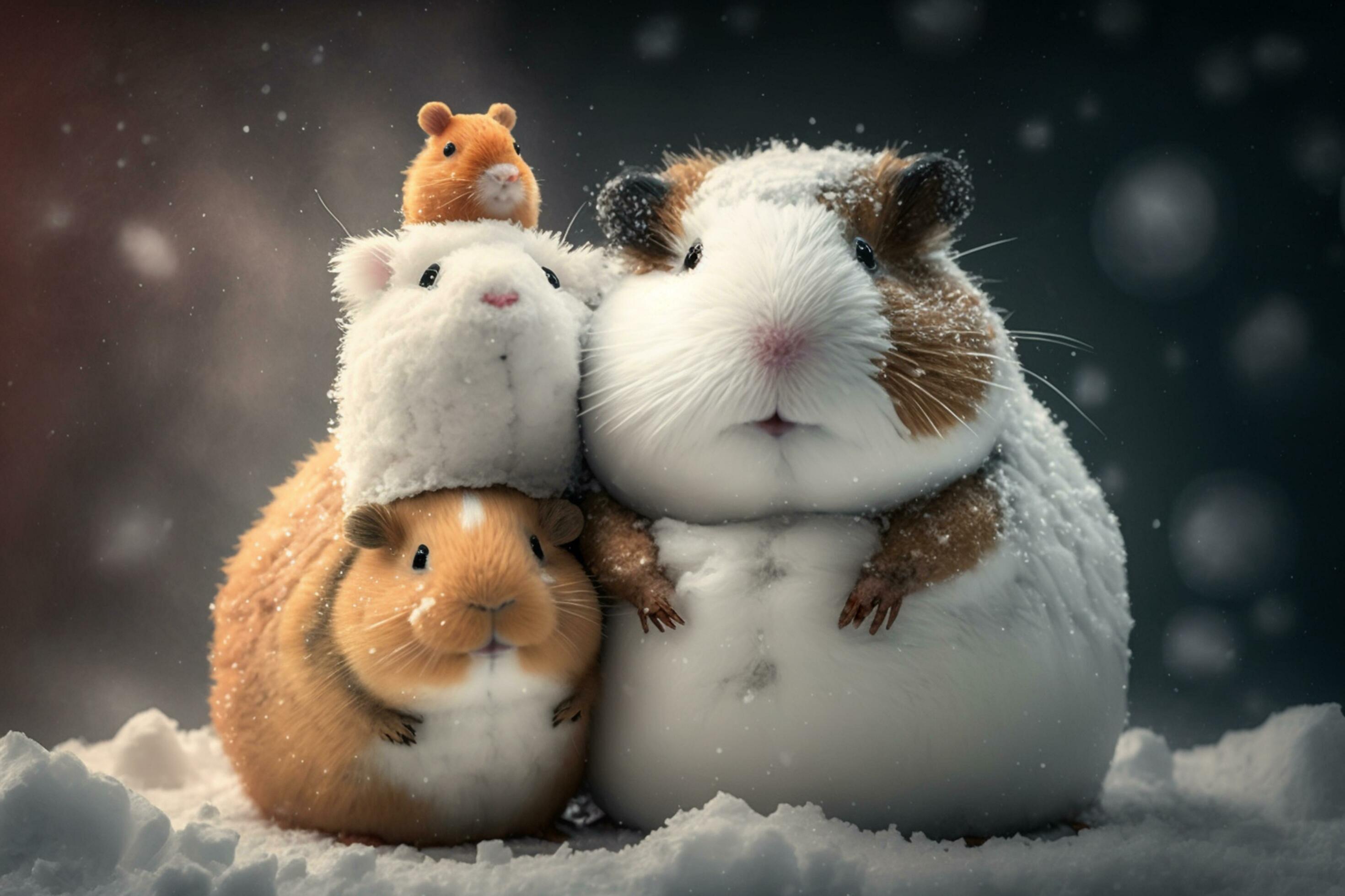 Meerschweinchen, Familie, Schnee, Digitale Kunst, Winter, 2K, Laptop-Hintergrundbild