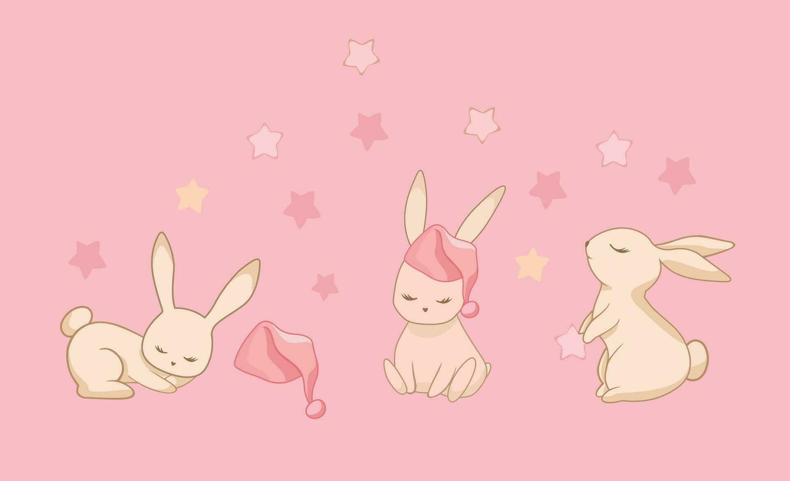 Schlafende Hasen, Schlafmütze, Sterne, Rosa Hintergrund, Illustration, HD Wallpaper