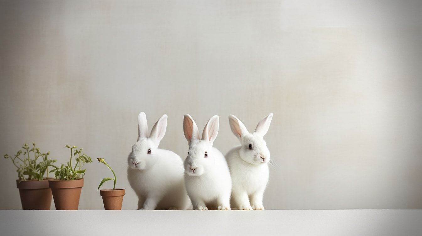 Drei weiße Kaninchen, Topfpflanzen, Setzlinge, Graue Wand, Minimalistisch, HD, Breitbild-Hintergrundbild