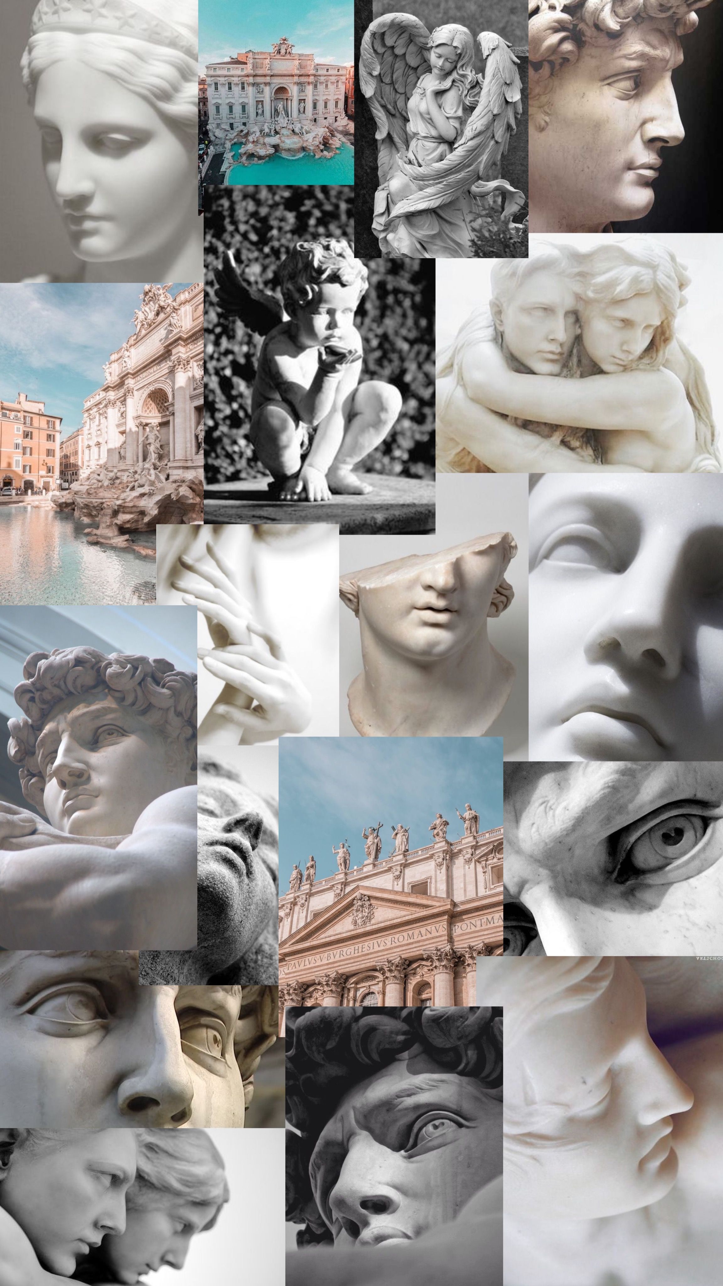 Collage, Antike Statuen, Ästhetik, Marmor, QHD+, Hintergrundbild fürs Handy