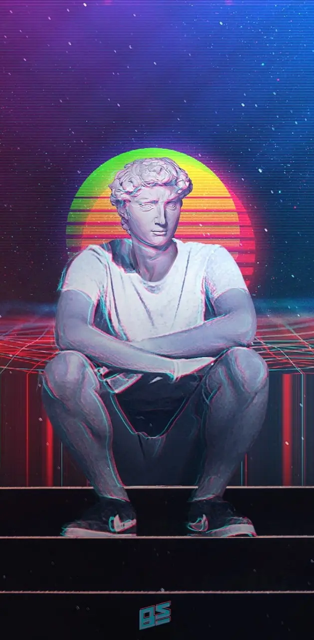 Statue, Synthwave, Sonne, Retro, Vaporwave, Hochformat, Hintergrundbild fürs Smartphone