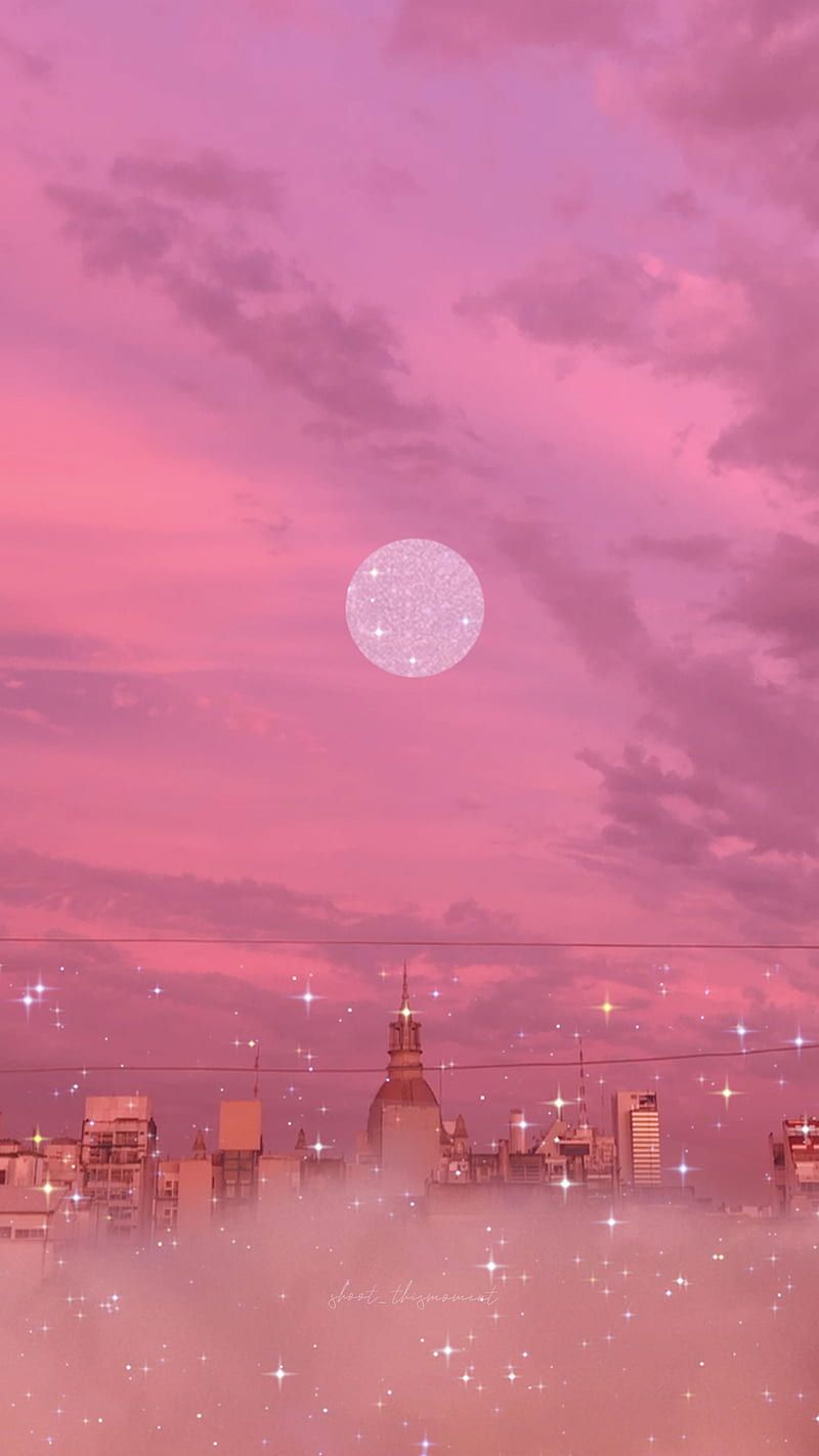Rosa Himmel, Mond, Skyline, Wolken, Glitzer, HD, Sperrbildschirm fürs iPhone