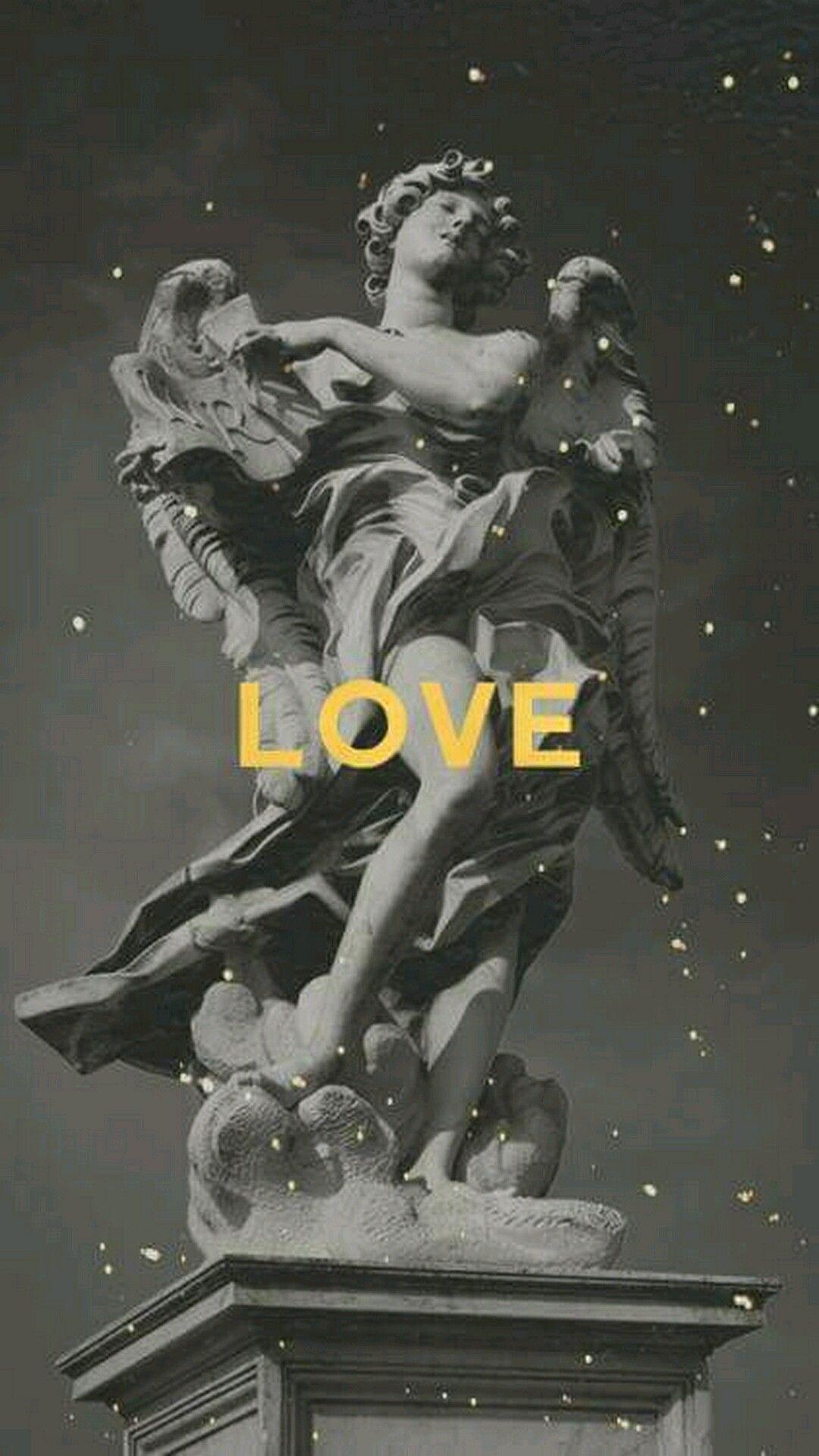Engelsstatue, Love, Schriftzug, Dunkel, Full HD, Sperrbildschirm fürs iPhone