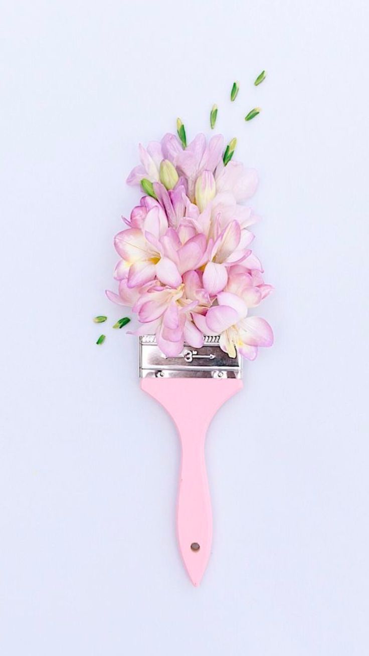 Pinsel, Blumen, Rosa Pinsel, Minimalismus, Lavendelfarbener Hintergrund, Sperrbildschirm fürs iPhone