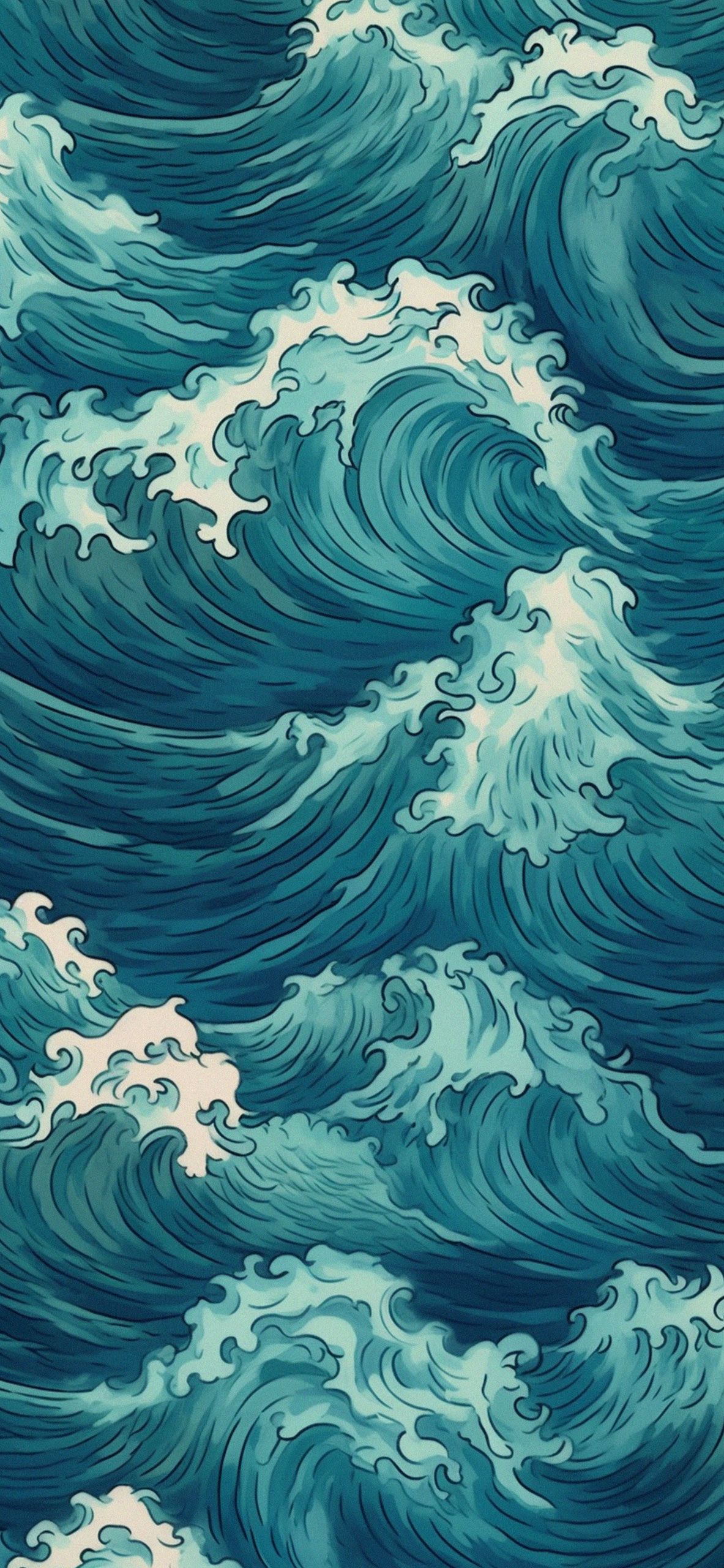 Wellen, Meer, Japanischer Stil, Petrol, Muster, Full HD, Hintergrundbild fürs Handy