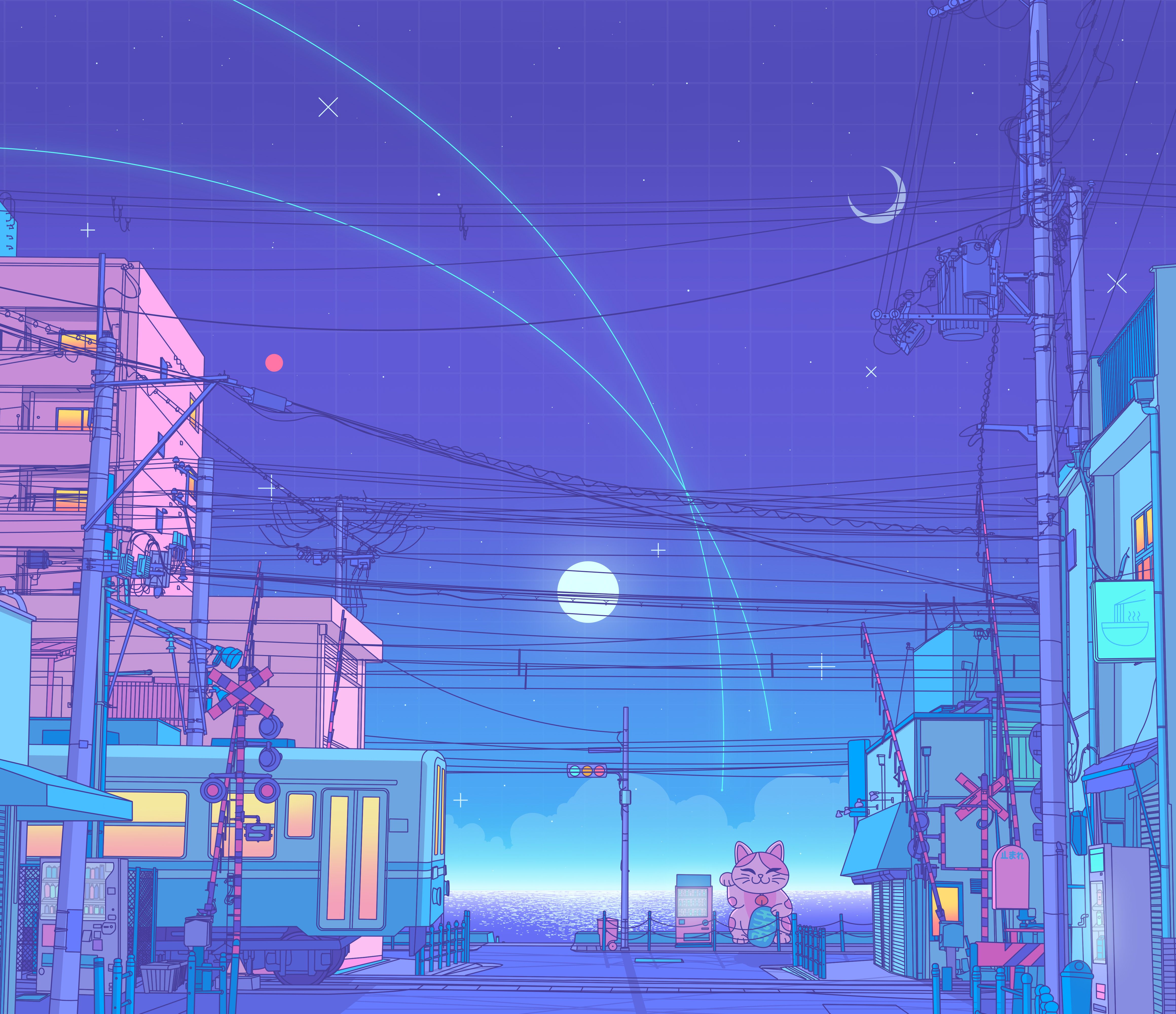 Lofi, Stadt, Nacht, Mond, Lila, Stromleitungen, 4K, Hintergrund für den Desktop