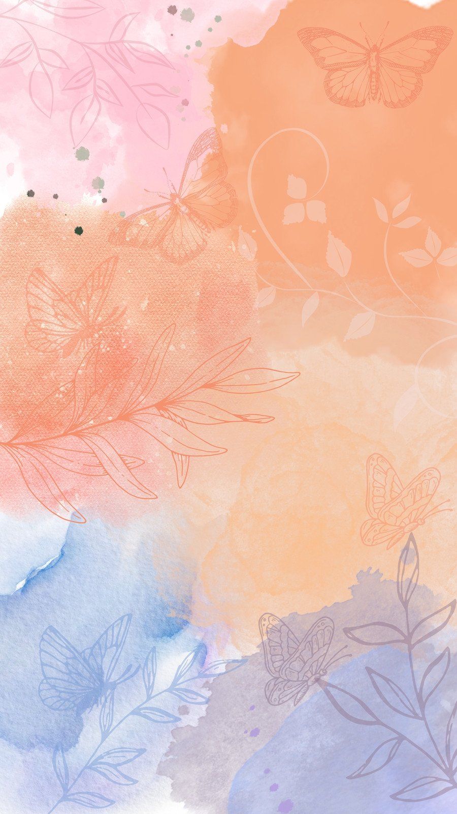 Aquarell, Pfirsich, Blau, Blätter, Pastell, HD, Handy-Hintergrund im Hochformat