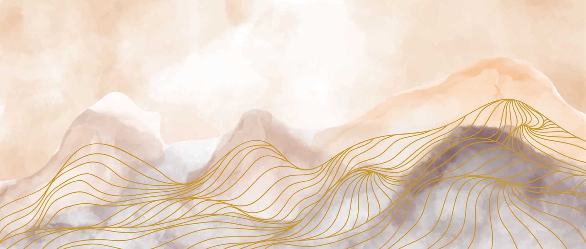 Aquarell, Berge, Goldene Linien, Abstrakte Landschaft, Beige, Full HD, Windows-Hintergrundbild
