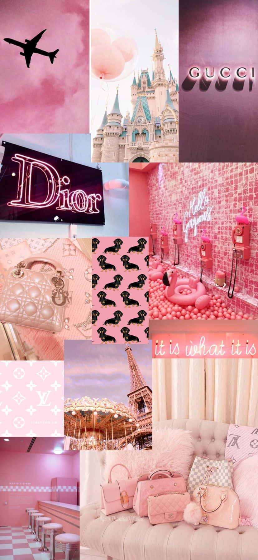 Collage, Rosa Ästhetik, Dior, Neonschild, Mode, Hintergrundbild für iPhone und Android