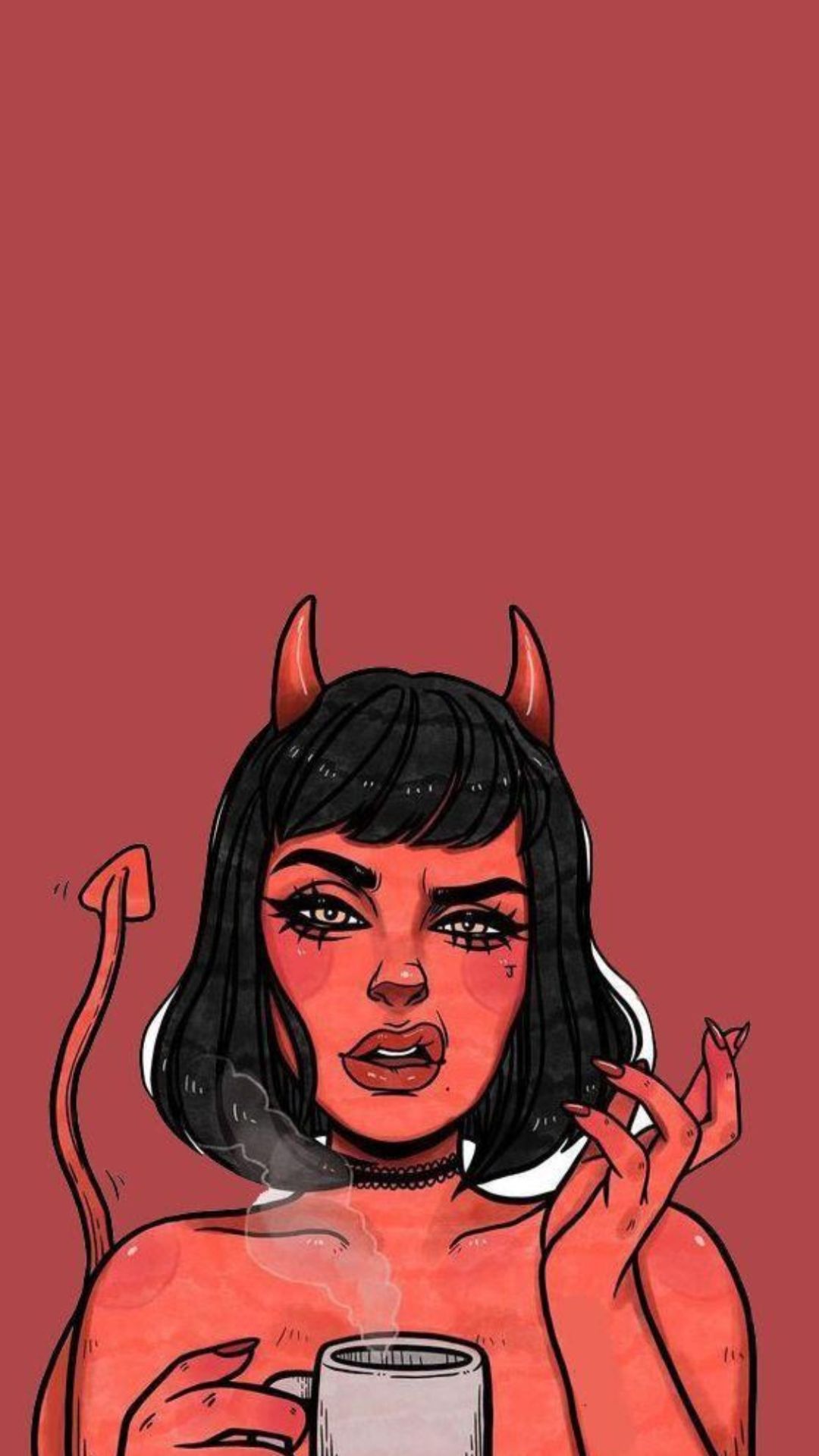 Teufelsmädchen, Hörner, Kaffeetasse, Roter Hintergrund, Pop-Art, Sperrbildschirm fürs iPhone