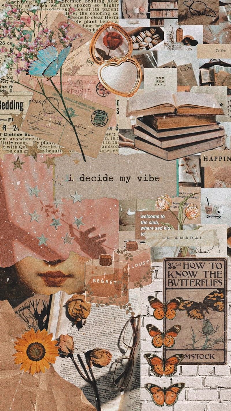 Collage, Vintage-Ästhetik, Bücher, Schmetterlinge, Braun, Hintergrundbild fürs Handy