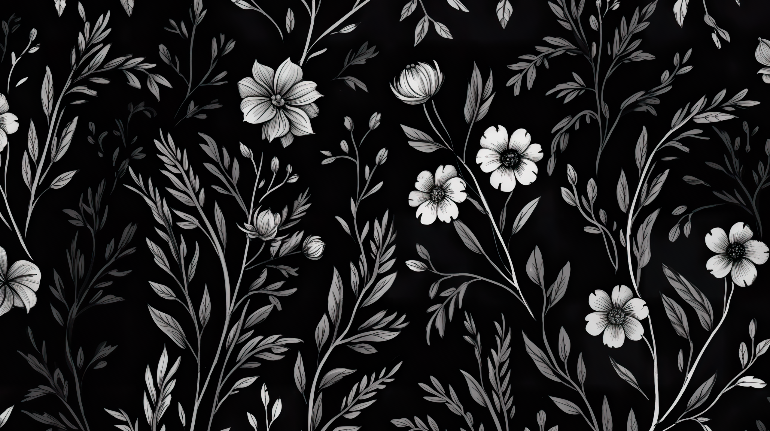 Blumenmuster, Schwarz-weiß, Botanisch, Monochrom, 2K, Desktop-Hintergrund für Windows