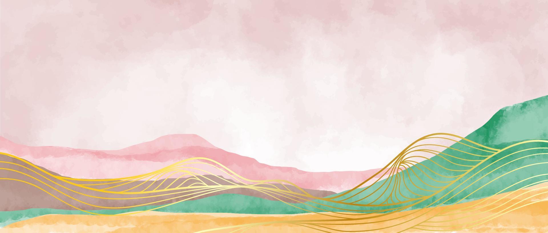 Aquarell, Hügel, Goldene Linien, Abstrakte Landschaft, Grün-rosa, Full HD, Desktop-Hintergrund