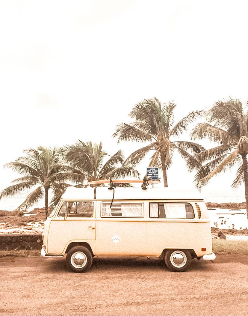 VW T2, VW Bulli, Volkswagen, Palmen, Strand, Beige, HD, iPad-Hintergrundbild
