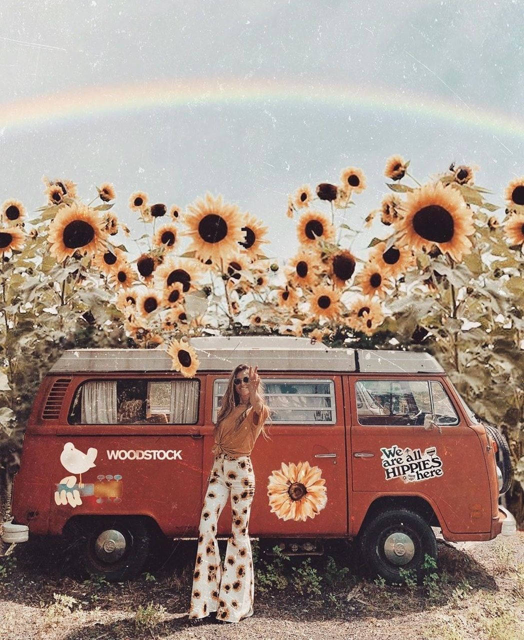 VW T2, VW Bulli, Sonnenblumen, Regenbogen, Hippie, Rot, Hintergrundbild für iPad und Tablet