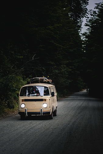 VW T2, VW Bulli, Waldstraße, Scheinwerfer, Dunkel, Hochformat, Hintergrundbild fürs Smartphone