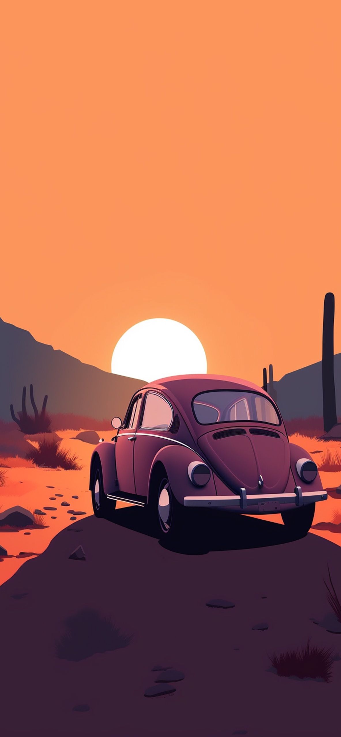 VW Käfer, Volkswagen, Sonnenuntergang, Illustration, Orange, Hintergrundbild fürs Handy