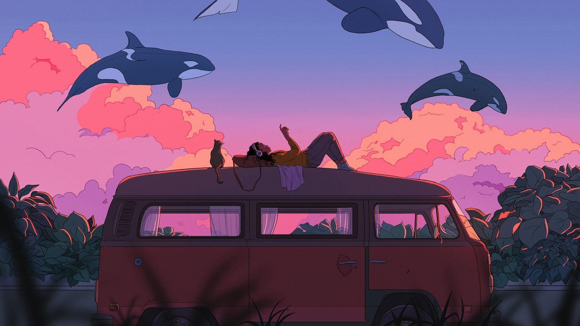 VW Bulli, Orcas, Illustration, Rosa Wolken, Surreal, Full HD 1080p, Desktop-Hintergrundbild